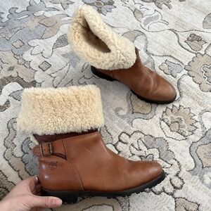 Timberland Boots Womens Brown Leather Shearling Lined Ankle Buckle Italy